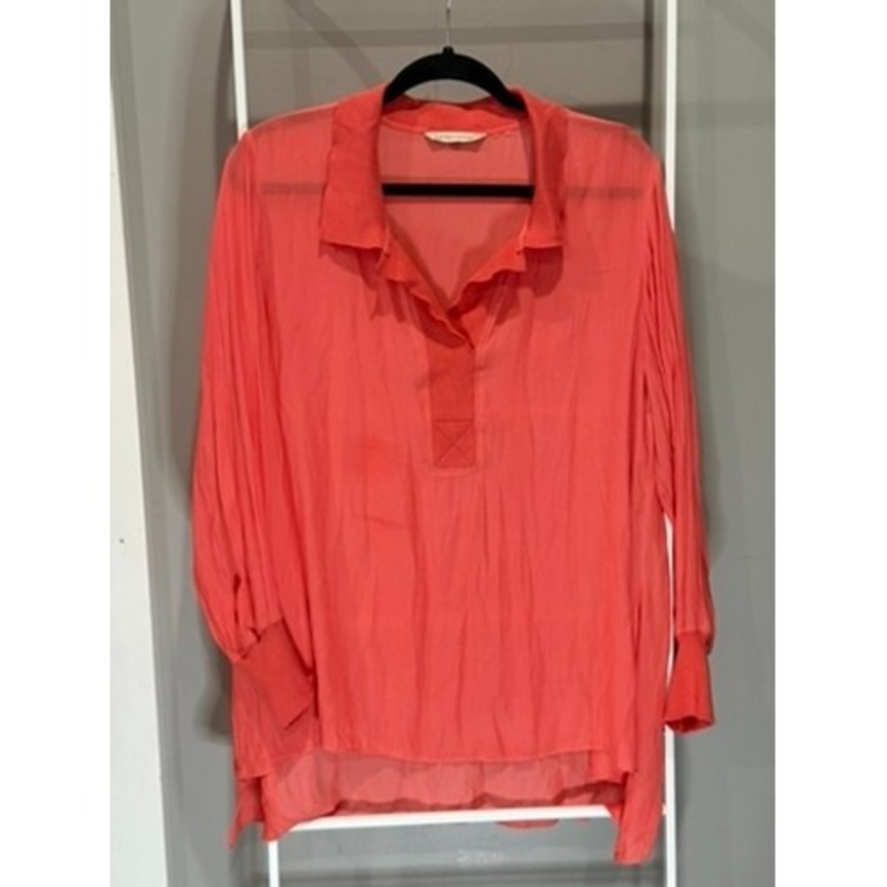 Soft Surroundings Coral Orange V-Neck Tunic Top Long Sleeve High Low Hem 12/14 - Picture 1 of 11